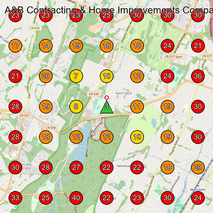 A&B Contracting & Home Improvements Company LLC GeoGrid visibility map for Roofing Contractor in Roseland